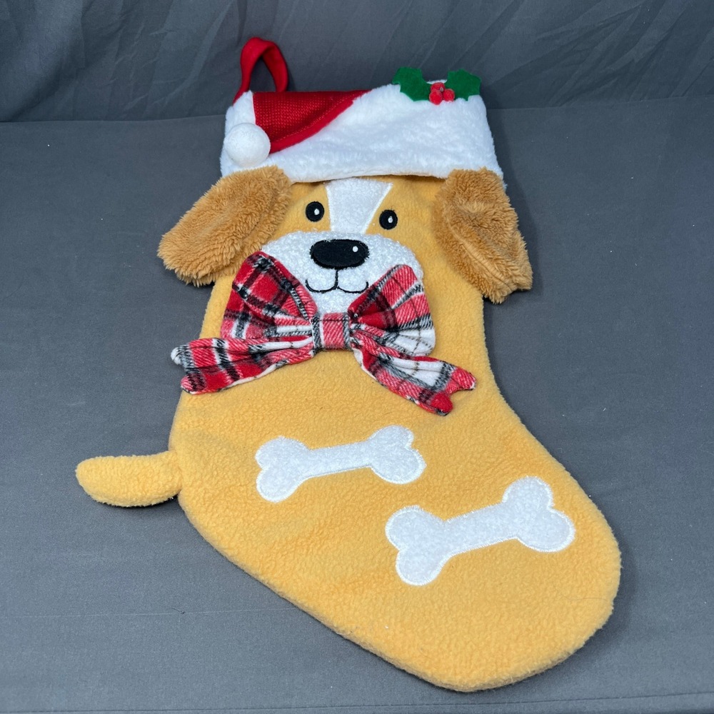Pet Dog Christmas Stocking 18" Floppy Ears Plaid Bow Holiday Decorative Stocking